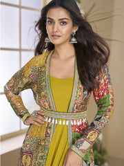 Designer Yellow Georgette Anarkali Gown with Multicolor Long Shrug