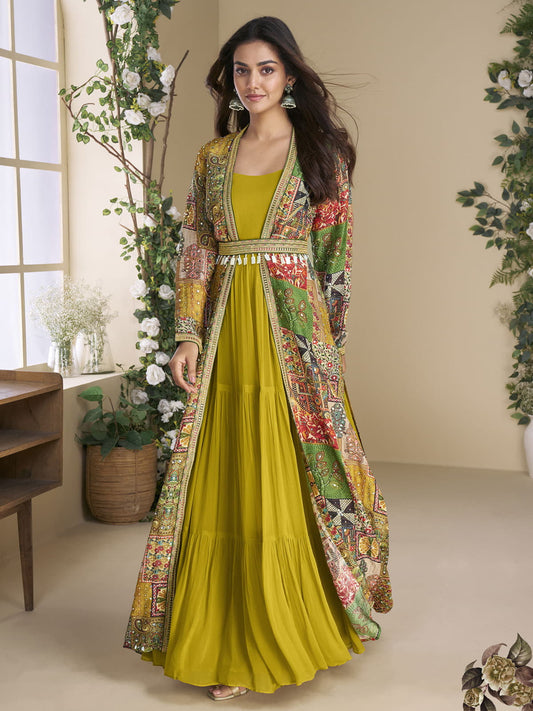 Designer Yellow Georgette Anarkali Gown with Multicolor Long Shrug