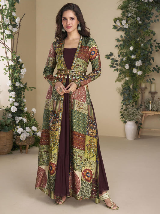 Designer Deep Wine Georgette Anarkali Gown with Multicolor Long Shrug