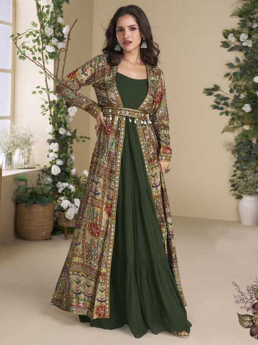 Designer Green Georgette Anarkali Gown with Multicolor Long Shrug
