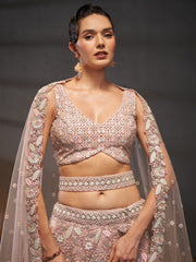 Pink Net Multi Sequins with heavy Zarkan embroidery Semi Stitched Lehenga choli and Dupatta