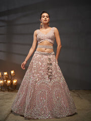 Pink Net Multi Sequins with heavy Zarkan embroidery Semi Stitched Lehenga choli and Dupatta