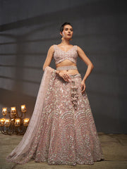 Pink Net Multi Sequins with heavy Zarkan embroidery Semi Stitched Lehenga choli and Dupatta
