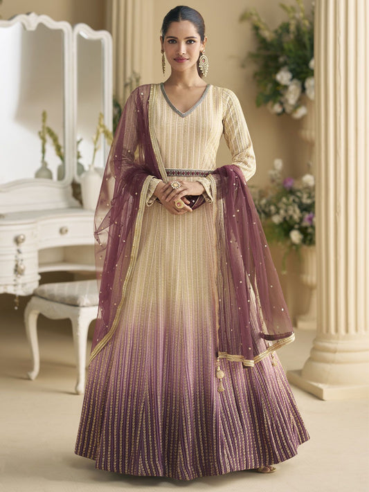 Beige Georgette Embroidered Sequins Chikankari Anarkali Suit