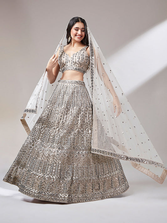Beige Net Mirror and Sequins Embroiderey Semi-Stitched Lehenga choli