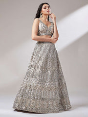 Beige Net Mirror and Sequins Embroiderey Semi-Stitched Lehenga choli