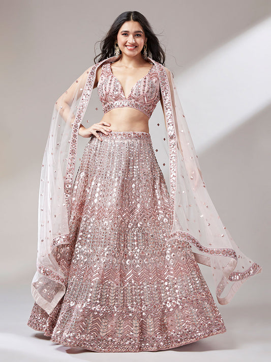 Rose Gold Net Mirror and Sequinse embroidery Semi-Stitched Lehenga choli and Dupatta