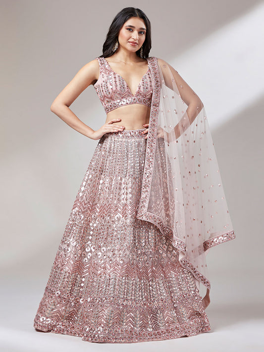 Rose Gold Net Mirror and Sequinse embroidery Semi-Stitched Lehenga choli and Dupatta