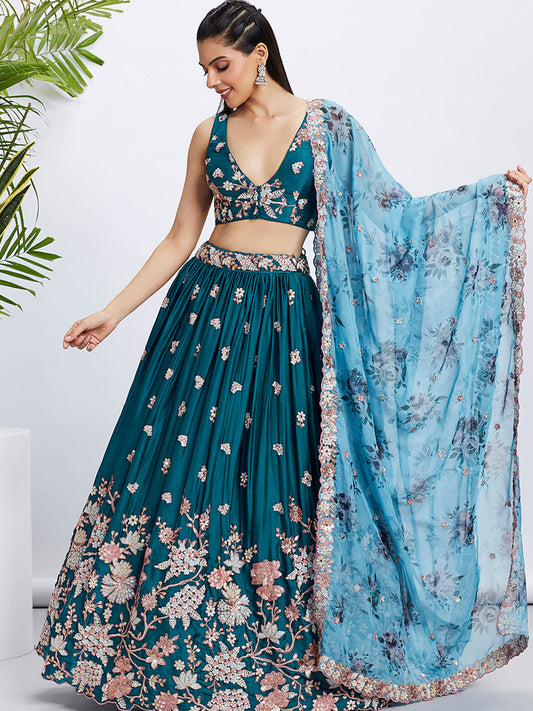 Teal Pure Georgette Sequins and thread embroidery Semi-Stitched Lehenga choli and Dupatta