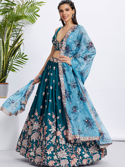 Teal Pure Georgette Sequins and thread embroidery Semi-Stitched Lehenga choli and Dupatta