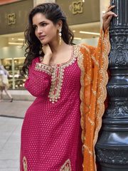 Pink Embroidery Party Wear Gharara Suit With Orange Dupatta