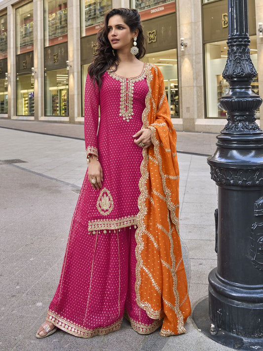 Pink Embroidery Party Wear Gharara Suit With Orange Dupatta