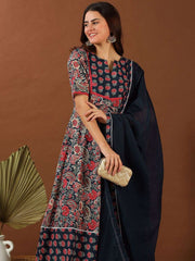 Women Navy Blue Paisley Printed Regular Gotta Patti Kurta with Trousers & With Dupatta