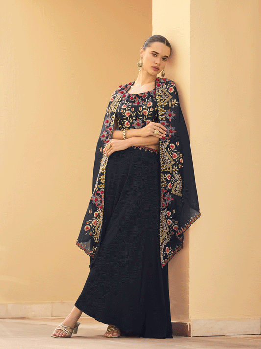 Navy Blue Chinon Zari Hand Embroidered With Sequins Cap Style Indowestern Palazzo Suits Wedding Wear