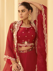 Red Chinon Hand Embroidered With Sequins Cap Style Indowestern Palazzo Suits Wedding Wear