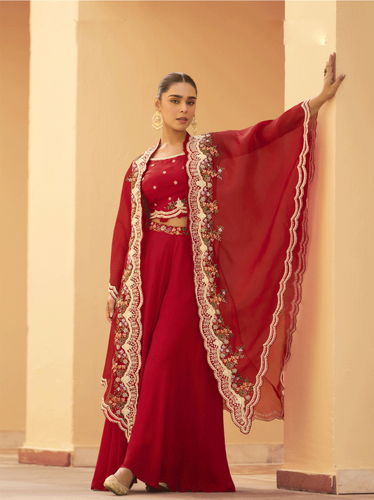 Red Chinon Hand Embroidered With Sequins Cap Style Indowestern Palazzo Suits Wedding Wear