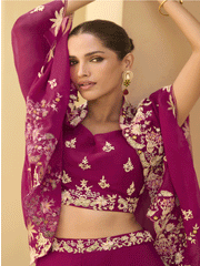 Magenta Zari Zardosi Hand Embroidered With Beads Cap Style Indowestern Palazzo Suits Wedding Wear