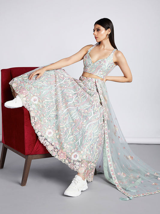 Lime Green Net Sequins and thread embroidery Semi-Stitched Lehenga choli and Dupatta