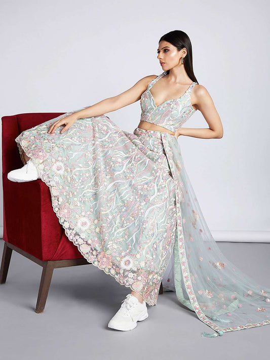 Lime Green Net Sequins and thread embroidery Semi-Stitched Lehenga choli and Dupatta