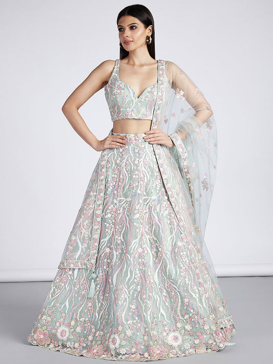Lime Green Net Sequins and thread embroidery Semi-Stitched Lehenga choli and Dupatta