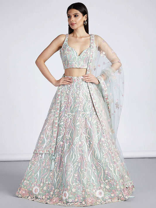 Lime Green Net Sequins and thread embroidery Semi-Stitched Lehenga choli and Dupatta