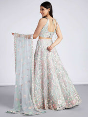 Lime Green Net Sequins and thread embroidery Semi-Stitched Lehenga choli and Dupatta
