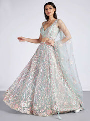 Lime Green Net Sequins and thread embroidery Semi-Stitched Lehenga choli and Dupatta