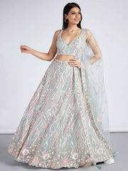 Lime Green Net Sequins and thread embroidery Semi-Stitched Lehenga choli and Dupatta