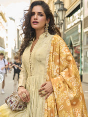 Wedding Wear Yellow & Cream Heavy Anarkali Gown