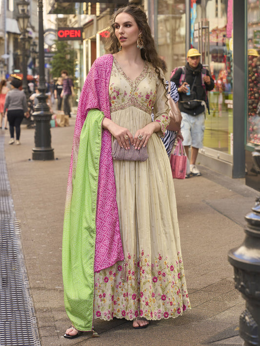 Wedding Wear Lovely Cream Heavy Anarkali Gown