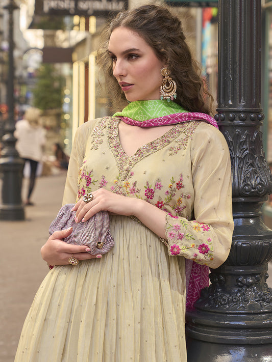 Wedding Wear Lovely Cream Heavy Anarkali Gown