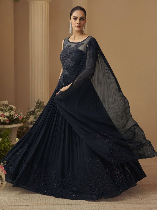 Dark Blue Hand Embroidery Anarkali Gown