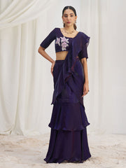 Glamorous Wine Ruffle Organza Pre-Stitched Saree With Hand Work Blouse