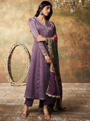Ethnic Motifs Yoke Design Thread Work Velvet Kurta with Trousers & Dupatta