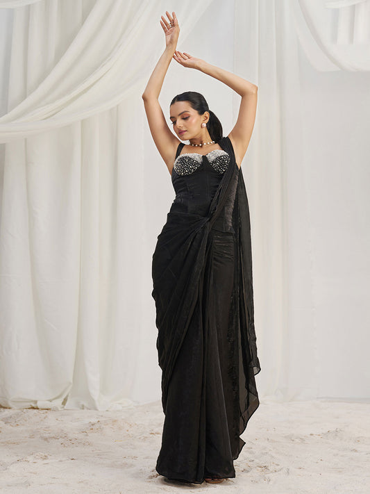 Dazzling Black Organza Pre-Stitched Saree With Corset Blouse