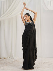 Dazzling Black Organza Pre-Stitched Saree With Corset Blouse