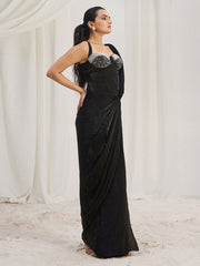 Dazzling Black Organza Pre-Stitched Saree With Corset Blouse