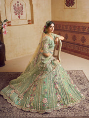 Green Color Bridal Net Fabric Sequins embroidery Semi-Stitched Lehenga choli & Dupatta