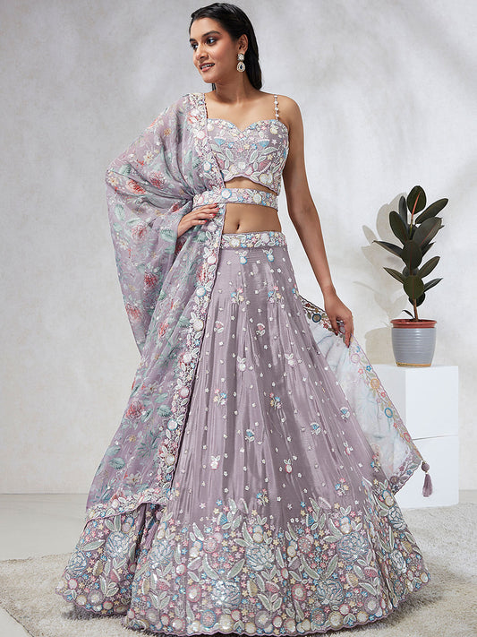 Mauve Chiffon Sequins and thread embroidery Semi-Stitched Lehenga choli & Dupatta