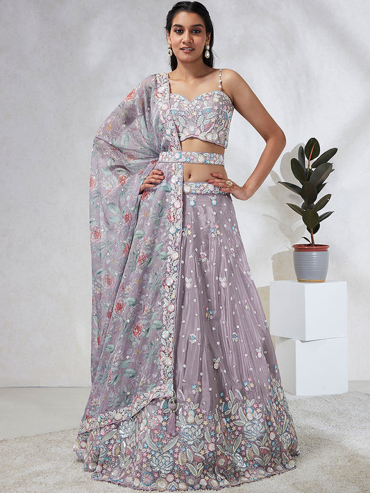 Mauve Chiffon Sequins and thread embroidery Semi-Stitched Lehenga choli & Dupatta