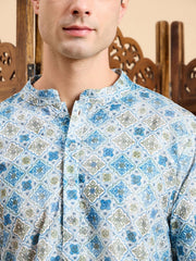 Blue Ethnic Motifs Printed Mandarin Collar Straight Kurta