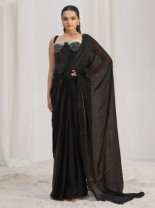 Dazzling Black Organza Pre-Stitched Saree With Corset Blouse