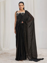 Dazzling Black Organza Pre-Stitched Saree With Corset Blouse