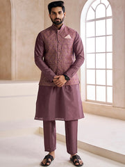 Mauve embroidered woven nehru jacket