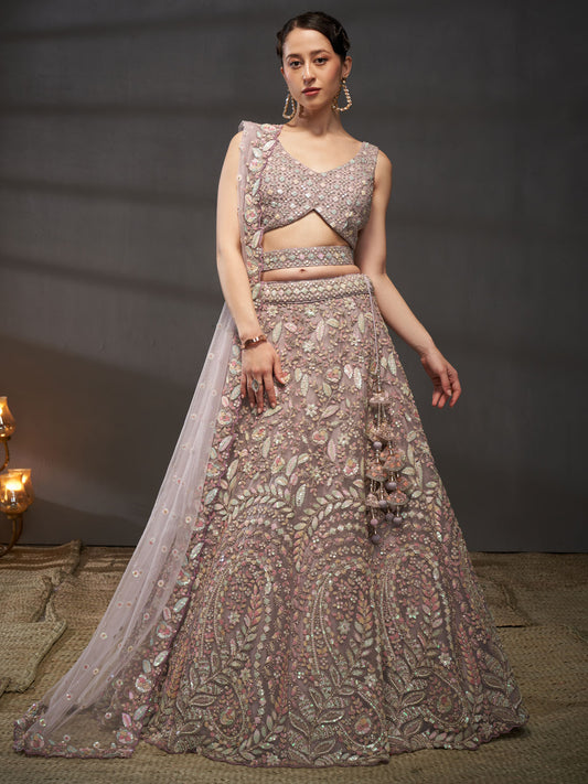 Mauve Net Multi Sequins with heavy Zarkan embroidery Semi-Stitched Lehenga choli and Dupatta