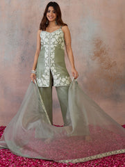 Women Floral Thread Embroidered Kurta & Palazzo with Dupatta