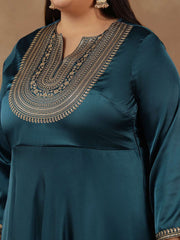 Floral Yoke Design Sequinned Satin Anarkali Kurta with Dupatta