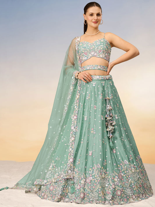 Sea green Chiffon Sequins and thread embroidery Semi-Stitched Lehenga choli & Dupatta
