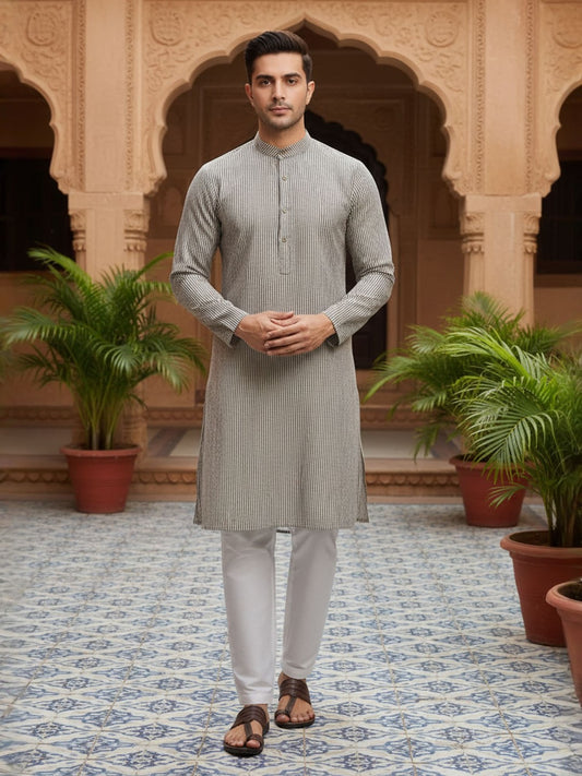 Striped Mandarin Collar Kurta & Trousers