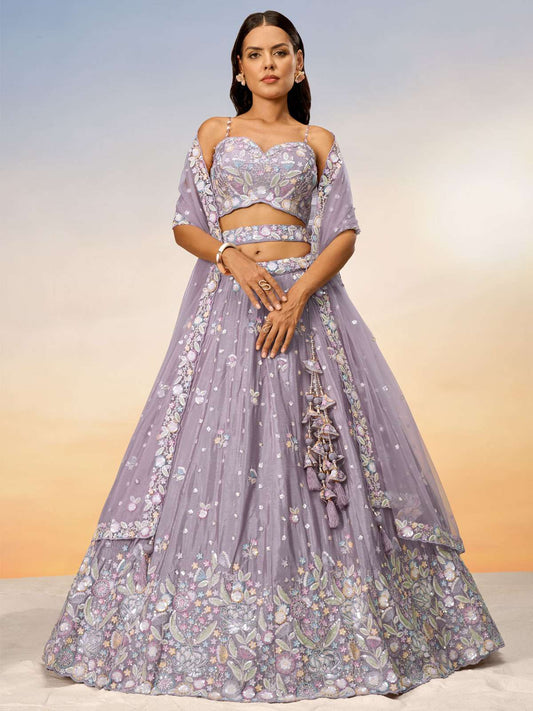 Mauve Chiffon Sequins and thread embroidery Semi-Stitched Lehenga choli & Dupatta